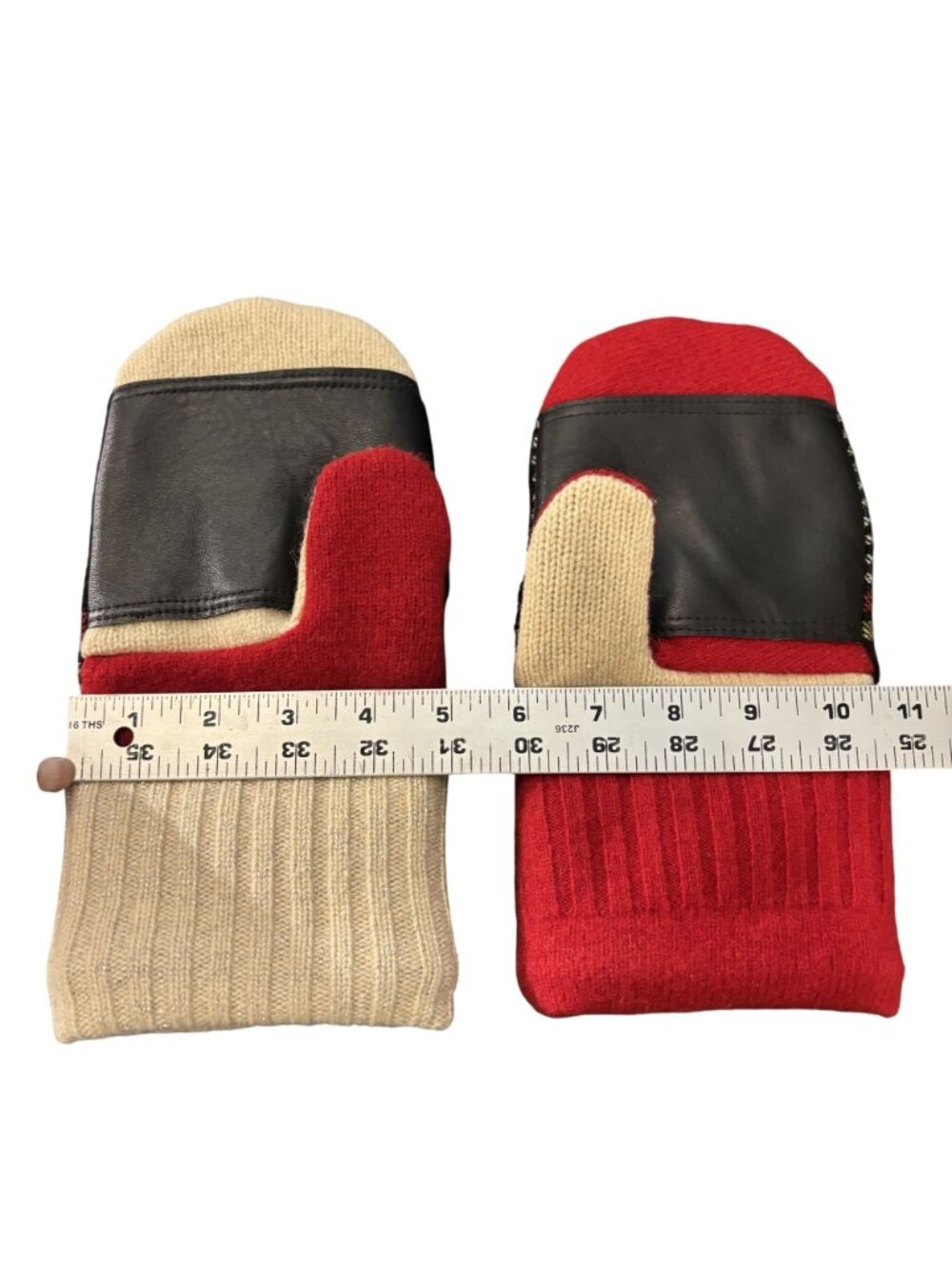 Colorful Wool Acrylic Blend Plaid Mittens W/ Faux Leather Palm & Button Detail - Picture 5 of 5